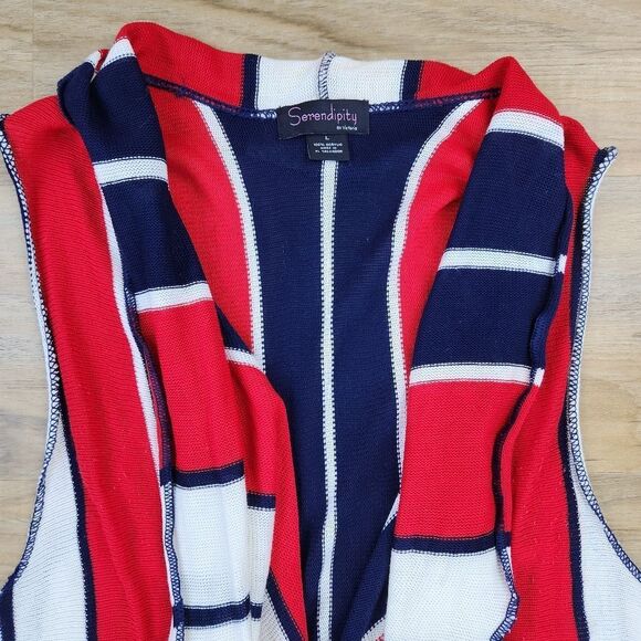 🔹️Serendipity Red, Blue, & White Striped Sleeveless Cardigan Large - Picture 5 of 12